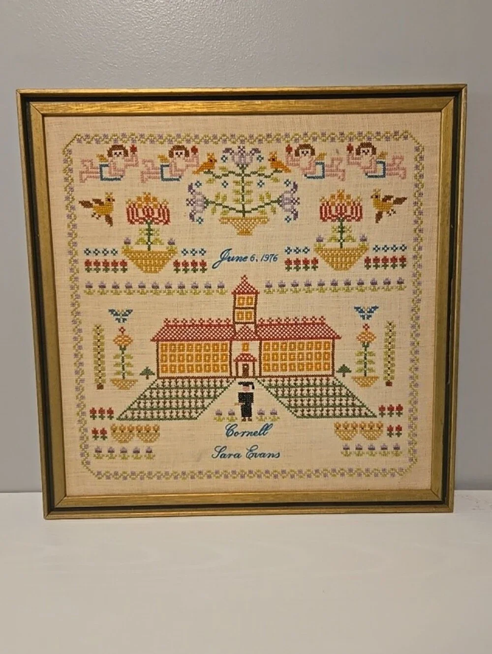 Vintage Cross Stitch Sampler Tree Birds Signed Finished Framed 1976